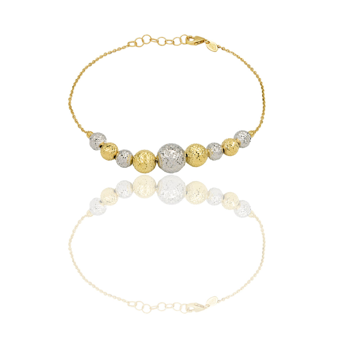 Bracciale Oro Giallo Oro Bianco Oro 18 carati Milleluci Sfere a scalare Solo Oro Lunghezza cm. 20 sfera mm.6/8/10