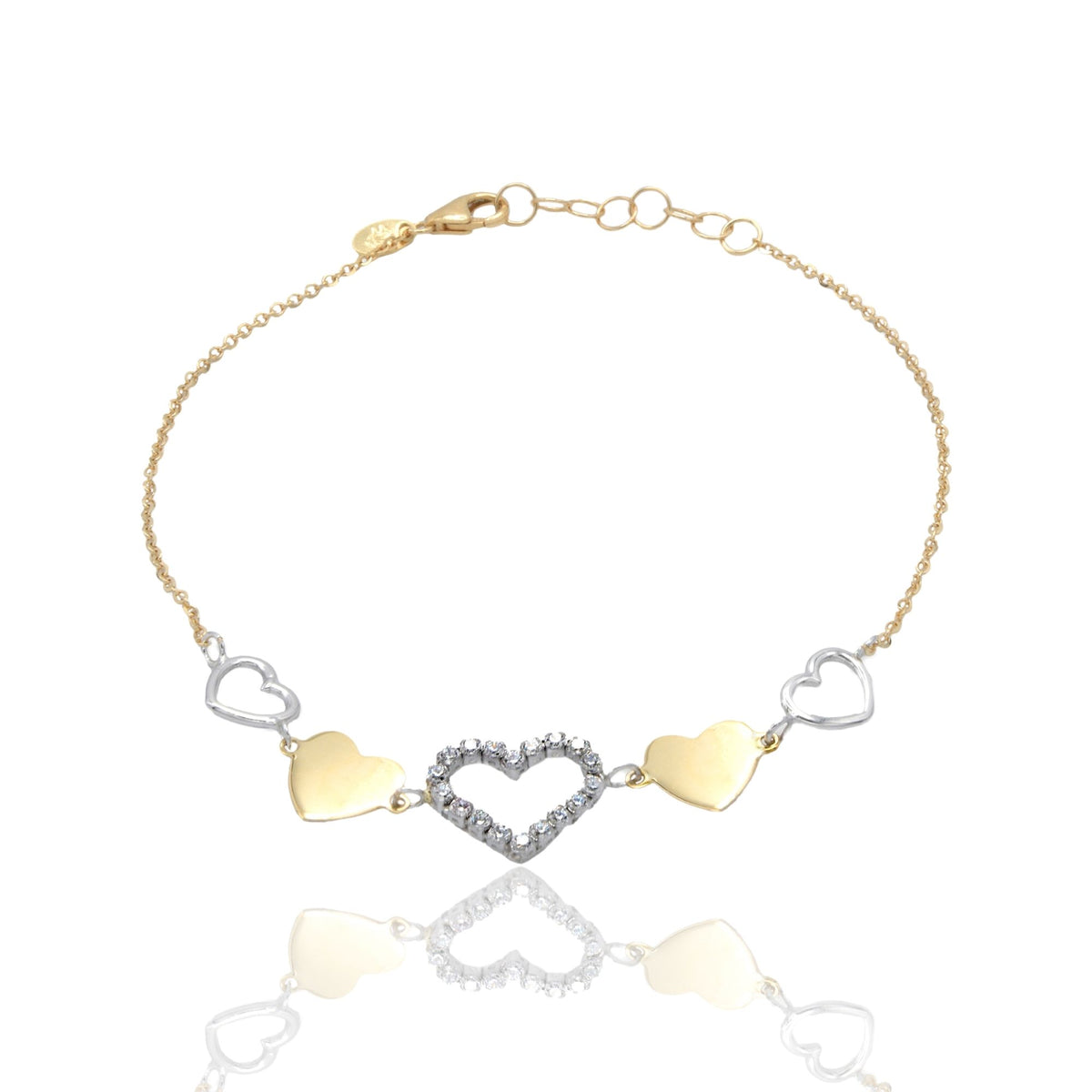 Bracciale Oro Giallo Oro Bianco Oro 18 carati Catenina Con Cuori Zirconi Bianchi cm. 20,5