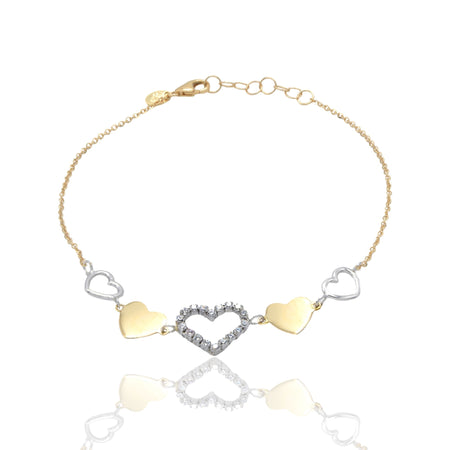 Bracciale Oro Giallo Oro Bianco Oro 18 carati Catenina Con Cuori Zirconi Bianchi cm. 20,5