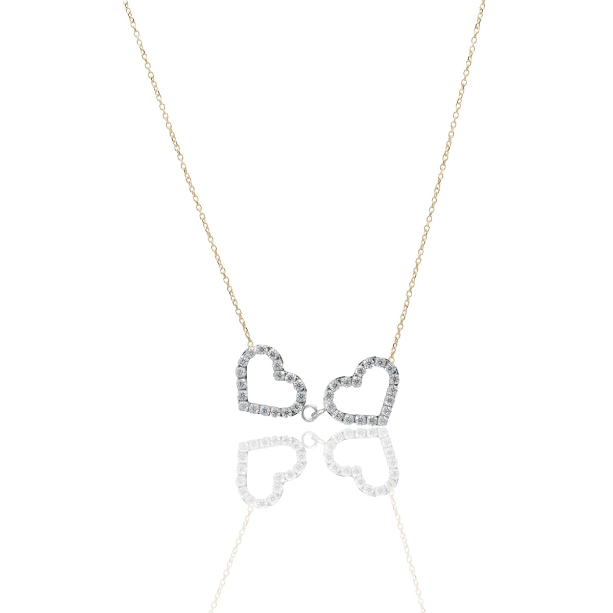 Collana Oro Giallo, Oro Bianco Oro 18 carati Girocollo 2 Cuori Zirconi Bianchi 