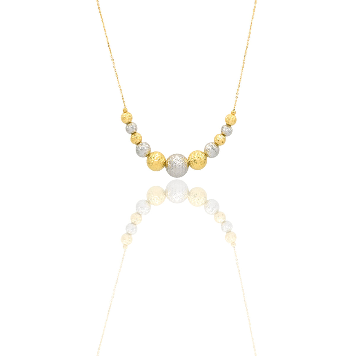 Collana Oro Giallo Oro Bianco Oro 18 carati Milleluci Sfere a scalare Solo Oro Lunghezza cm. 45 sfera mm.6/8/11
