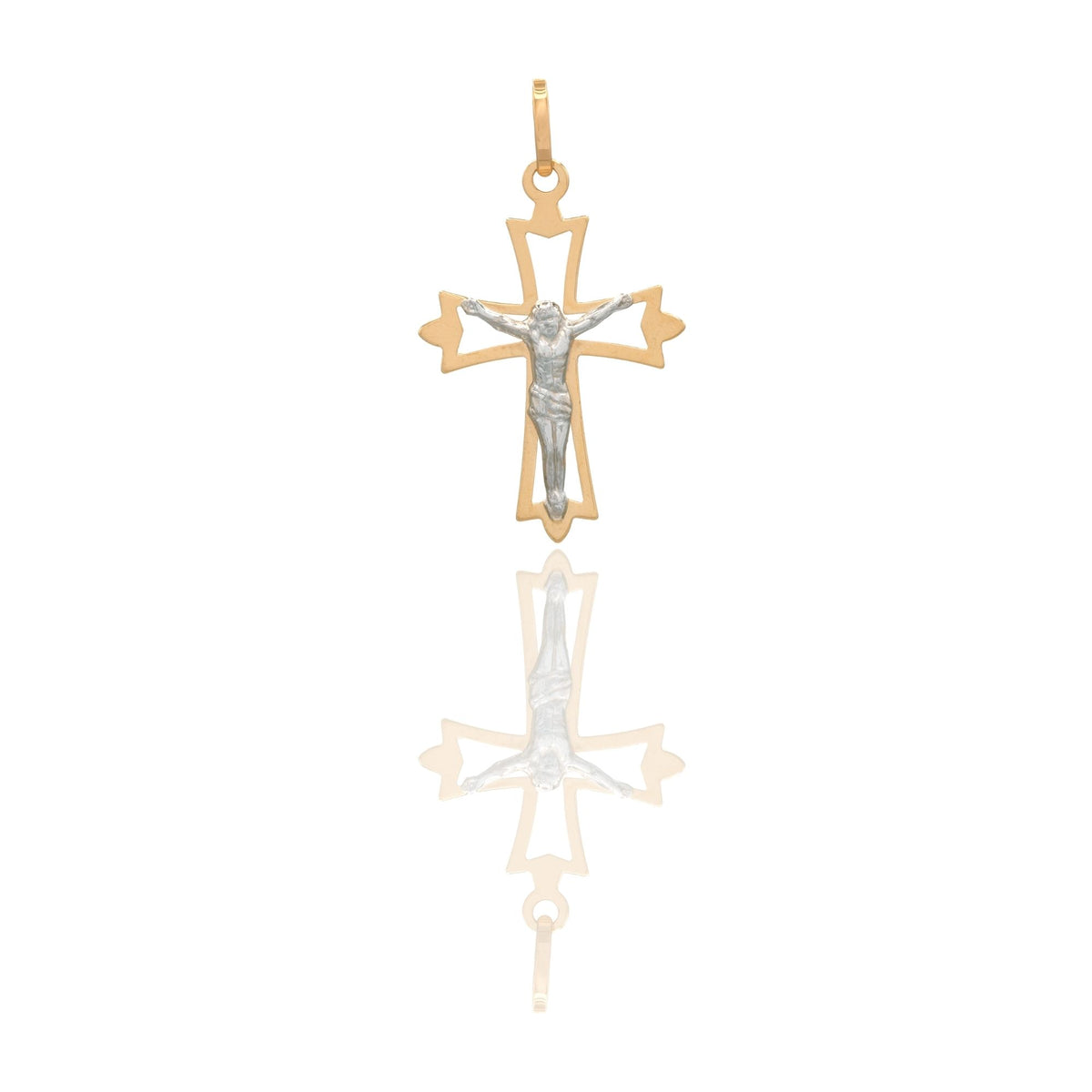Ciondolo Oro Giallo Oro Bianco Oro 18 carati Croce Trifogliata Cristo Aperta Solo Oro cm.3,2x2