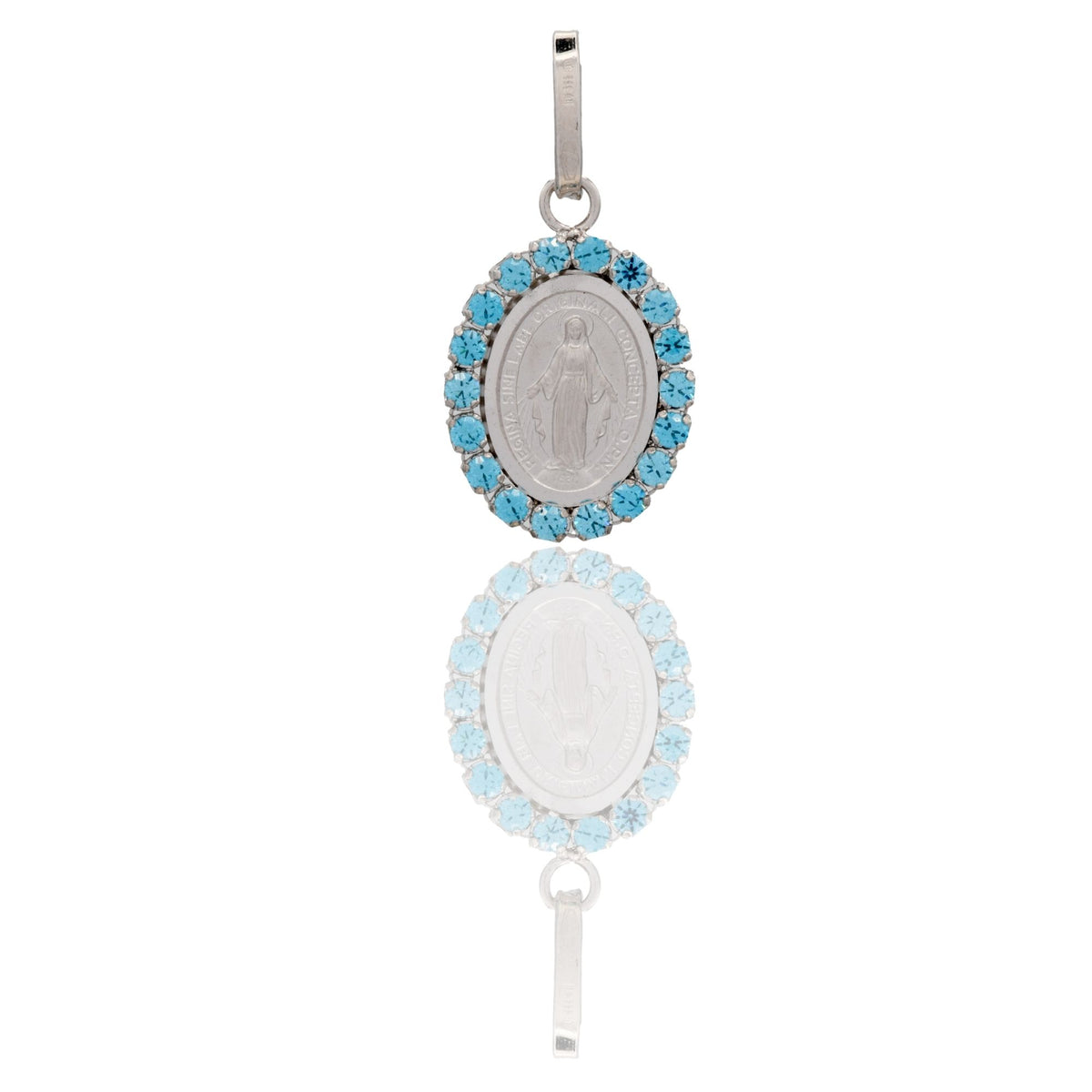 Ciondolo Oro Bianco Oro 18 carati Madonna Miracolosa Con Contorno Zirconi Azzurri cm.2