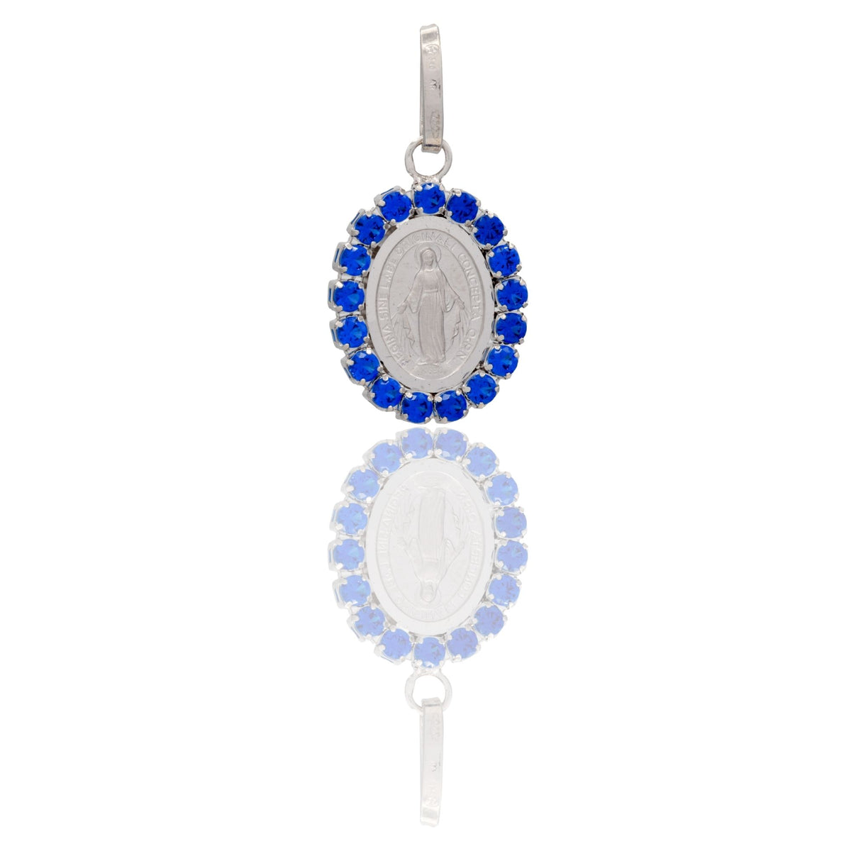 Ciondolo Oro Bianco Oro 18 carati Madonna Miracolosa Con Contorno Zirconi Blu cm.2