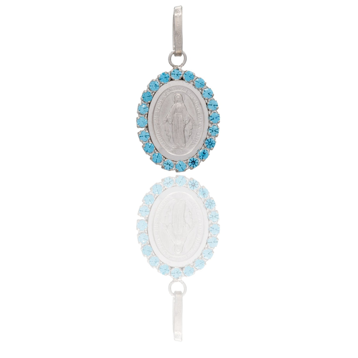 Ciondolo Oro Bianco Oro 18 carati Madonna Miracolosa Con Contorno Zirconi Azzurri cm.2,5
