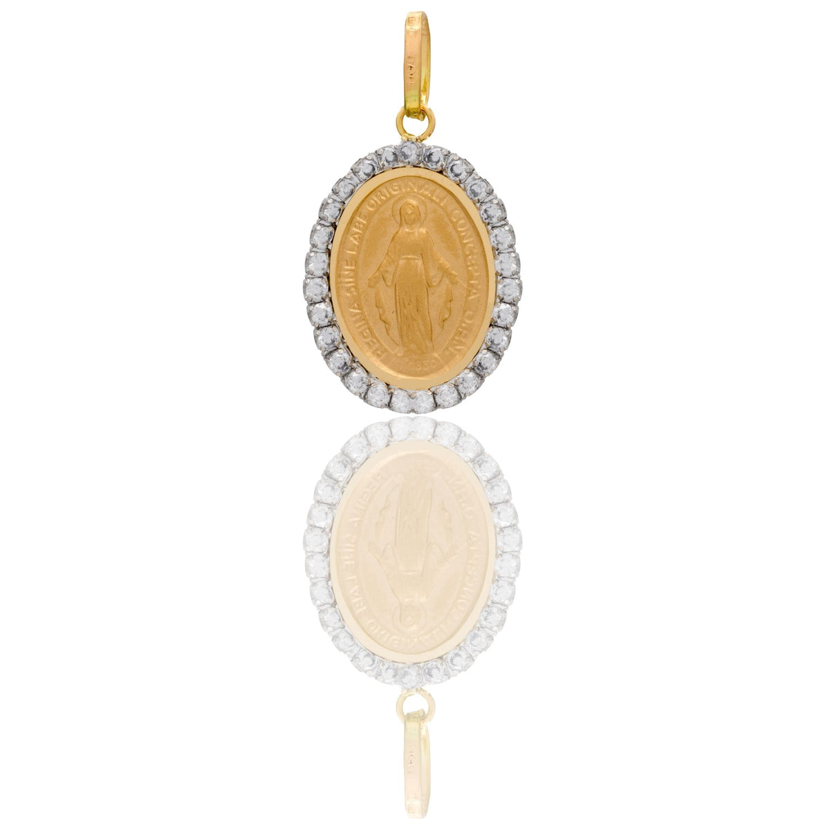 Ciondolo Oro Giallo Oro 18 carati Madonna Miracolosa Con Contorno Zirconi Bianchi cm.2,5