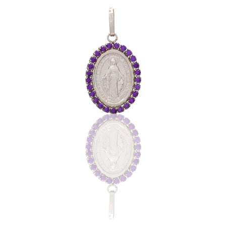 Ciondolo Oro Bianco Oro 18 carati Madonna Miracolosa Con Contorno Zirconi Viola cm.2,5