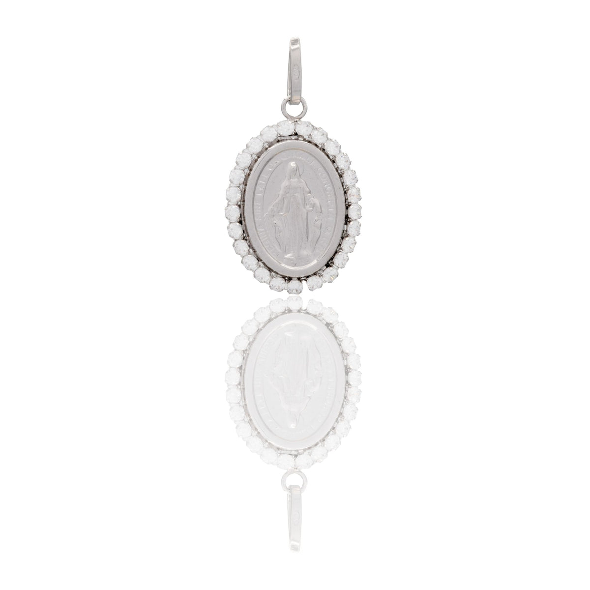 Ciondolo Oro Bianco Oro 18 carati Miracolosa Schiacciata Con Contorno Zirconi Bianchi cm.2,3