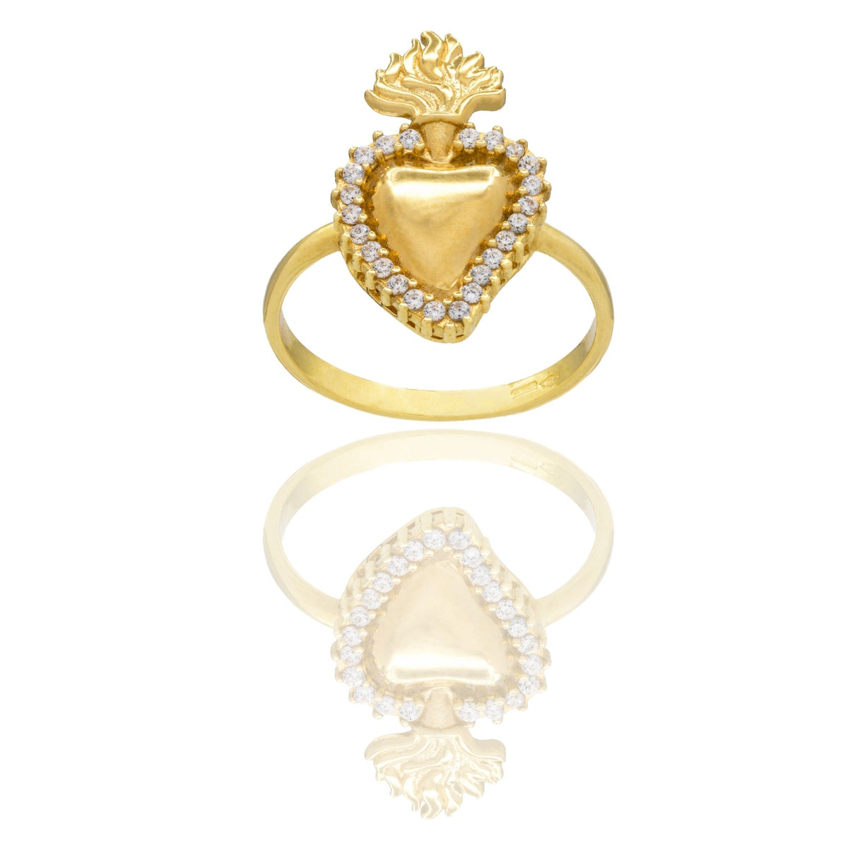 Anello Oro Giallo Oro 18 carati Cuore Sacro Con Contorno Pave' Zirconi Bianchi spessore gambo mm. 2,1  spessore cuore 2 cm 