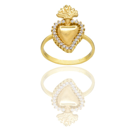 Anello Oro Giallo Oro 18 carati Cuore Sacro Con Contorno Pave' Zirconi Bianchi spessore gambo mm. 2,1  spessore cuore 2 cm 