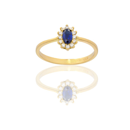 Anello Oro Giallo Oro 18 carati Modello Kate Centro E Contorno Zirconi Bianchi, Zircone Blu 