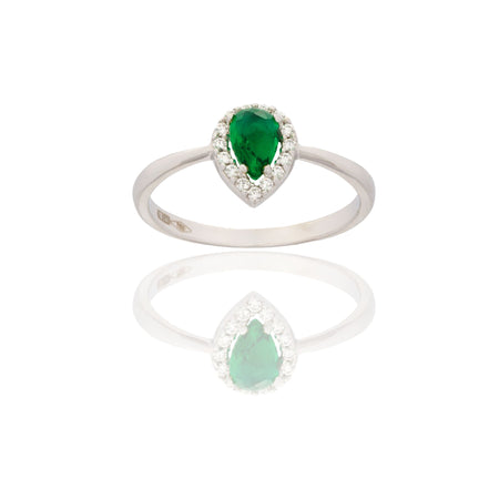 Anello Oro Bianco Oro 18 carati Goccia Centro E Contorno Zirconi Bianchi, Zircone Verde 