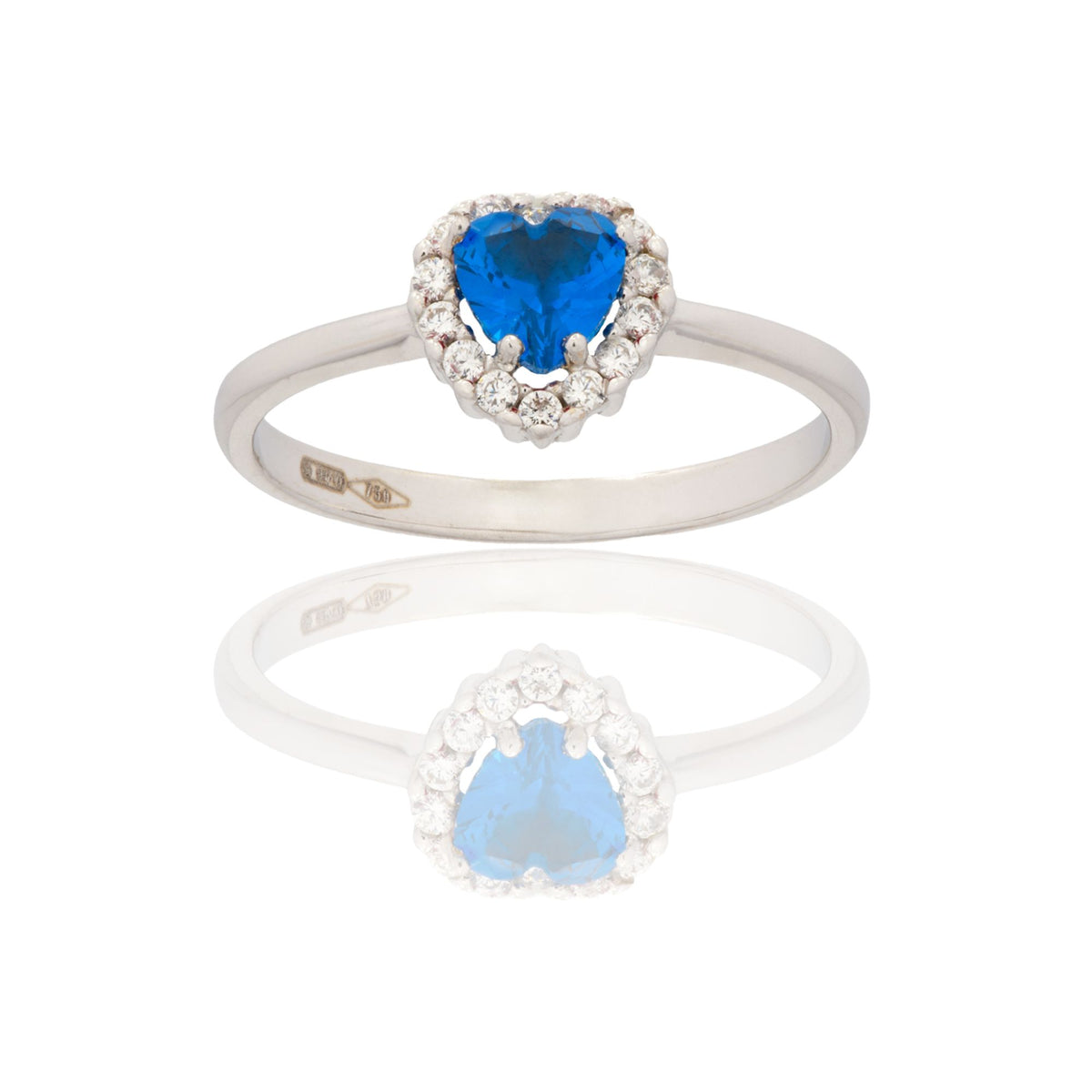 Anello Oro Bianco Oro 18 carati Cuore Centro E Contorno Zirconi Bianchi, Zircone Blu 
