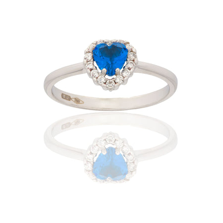 Anello Oro Bianco Oro 18 carati Cuore Centro E Contorno Zirconi Bianchi, Zircone Blu 
