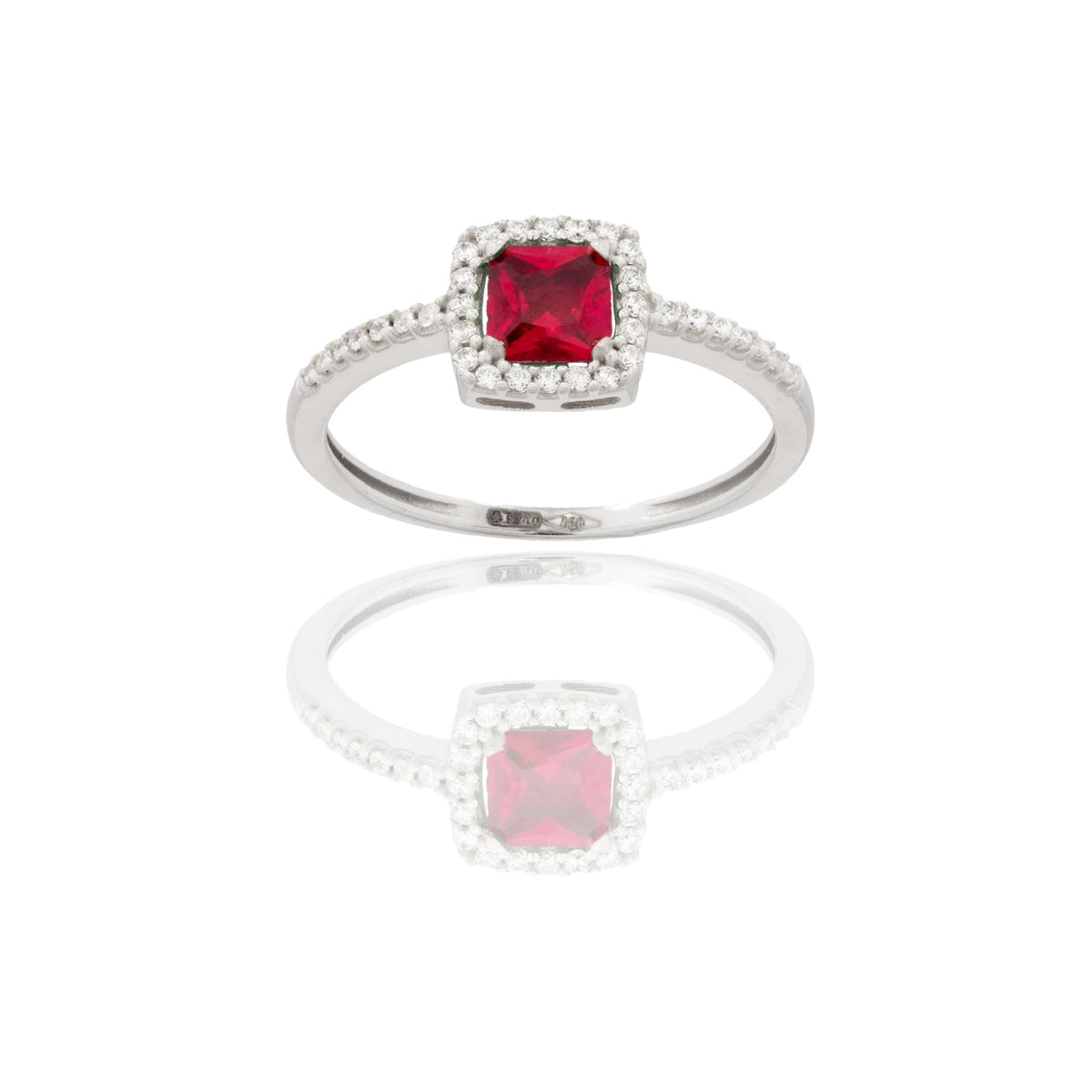 Anello Oro Bianco Oro 18 carati Quadrato Centro E Contorno Zirconi Bianchi, Zircone Rosso 