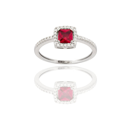 Anello Oro Bianco Oro 18 carati Quadrato Centro E Contorno Zirconi Bianchi, Zircone Rosso 