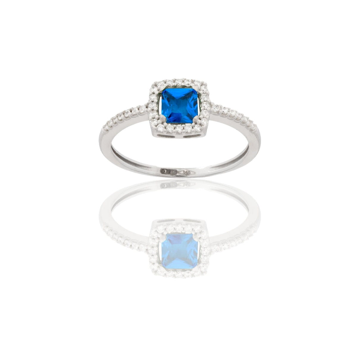 Anello Oro Bianco Oro 18 carati Quadrato Centro E Contorno Zirconi Bianchi, Zircone Blu 