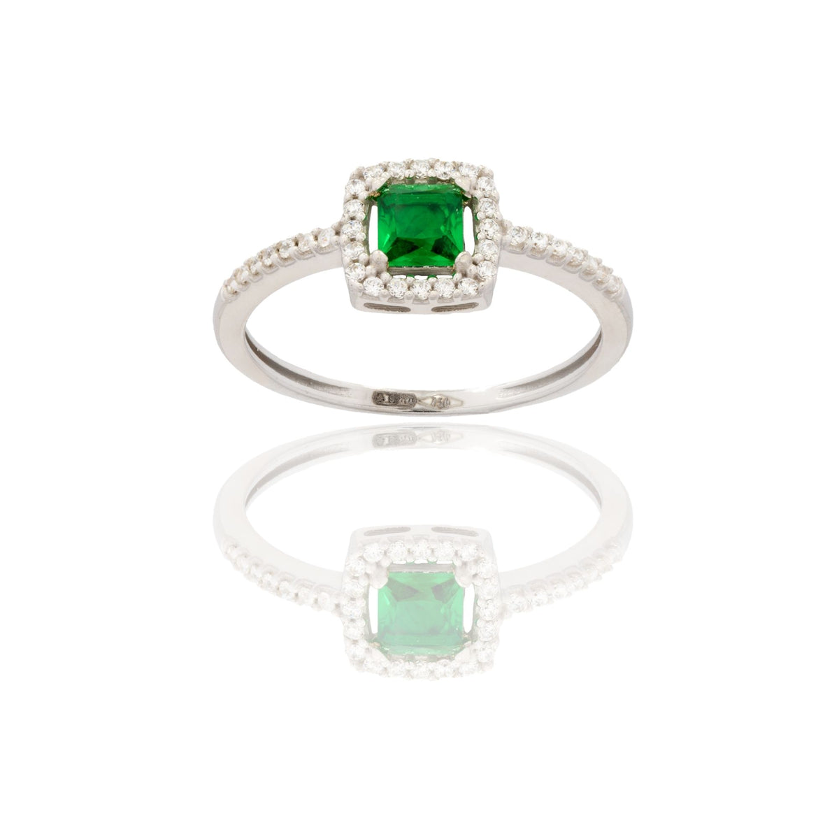 Anello Oro Bianco Oro 18 carati Quadrato Centro E Contorno Zirconi Bianchi, Zircone Verde 