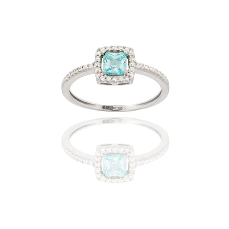 Anello Oro Bianco Oro 18 carati Quadrato Centro E Contorno Zirconi Bianchi, Zircone Azzurro 