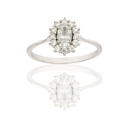 Anello Oro Bianco Oro 18 carati Modello Kate Centro E Contorno Zirconi Bianchi, Zircone Bianco 