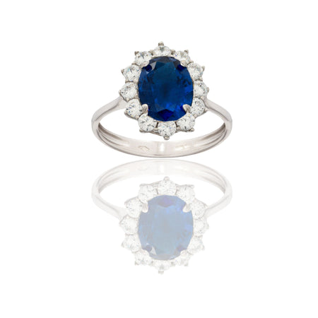 Anello Oro Bianco Oro 18 carati Modello Kate Centro E Contorno Zirconi Bianchi, Zircone Blu 
