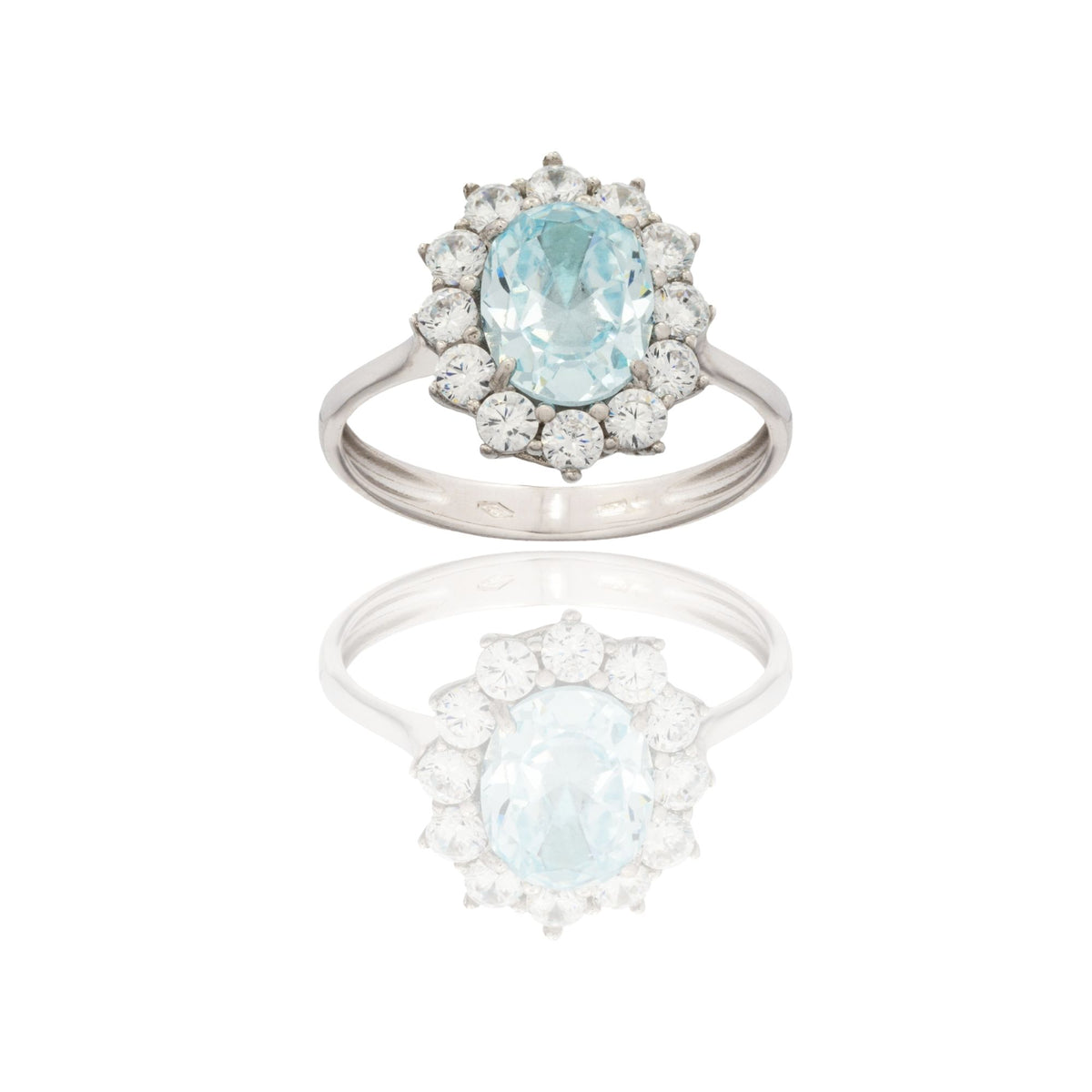 Anello Oro Bianco Oro 18 carati Modello Kate Centro E Contorno Zirconi Bianchi, Zircone Azzurro 