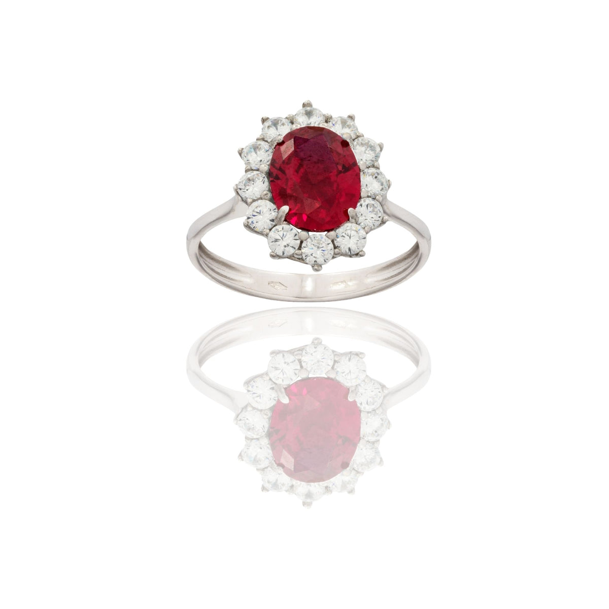 Anello Oro Bianco Oro 18 carati Modello Kate Centro E Contorno Zirconi Bianchi, Zircone Rosso 