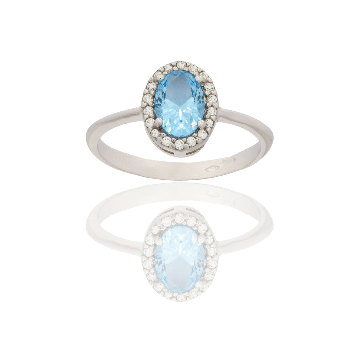 Anello Oro Bianco Oro 18 carati Ovale Centro E Contorno Zirconi Bianchi, Zircone Azzurro 