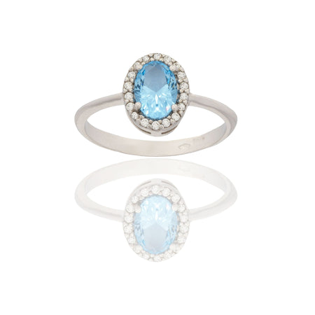 Anello Oro Bianco Oro 18 carati Ovale Centro E Contorno Zirconi Bianchi, Zircone Azzurro 