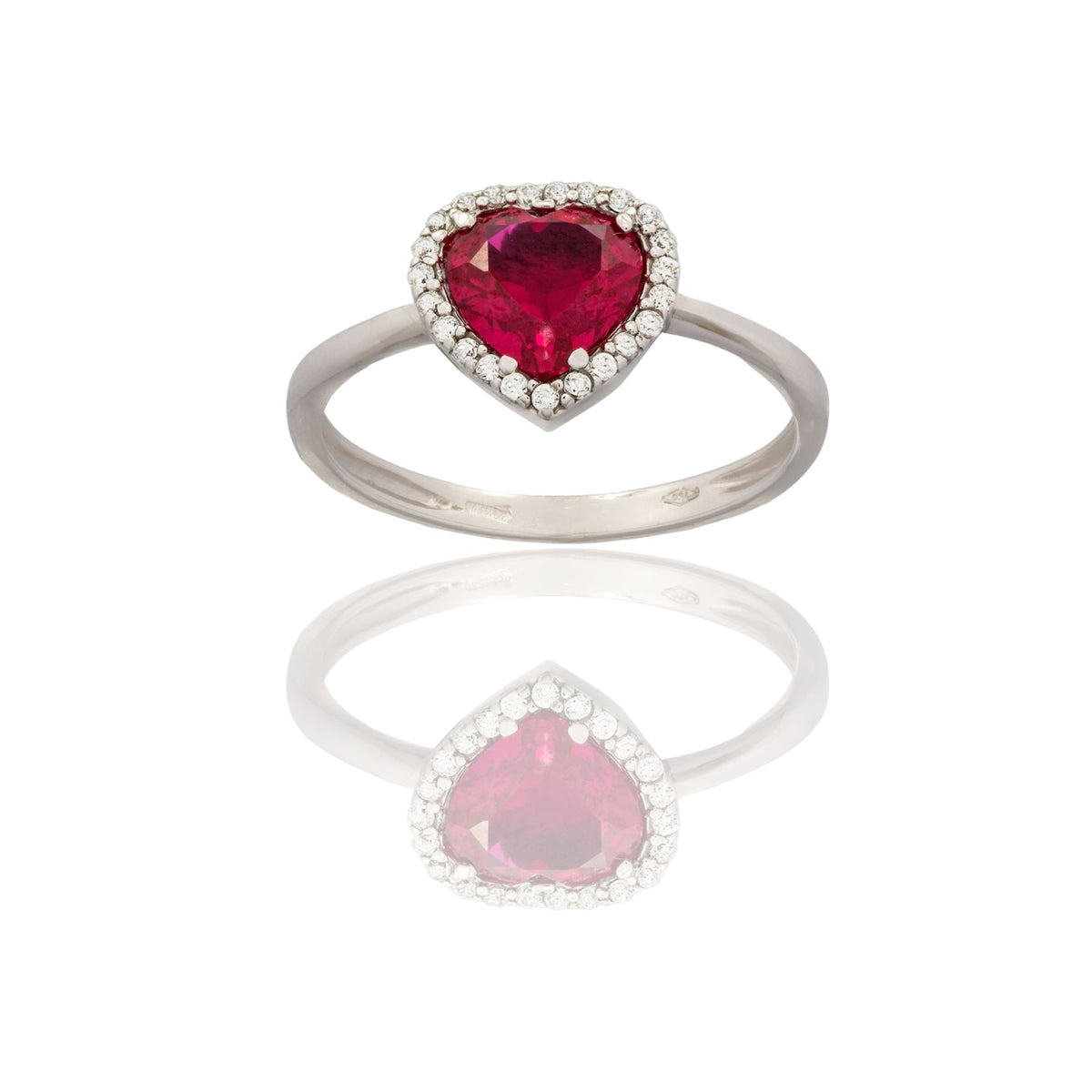 Anello Oro Bianco Oro 18 carati Cuore Con Contorno Pave' Zirconi Bianchi, Zircone Rosso 