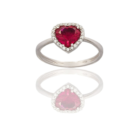 Anello Oro Bianco Oro 18 carati Cuore Con Contorno Pave' Zirconi Bianchi, Zircone Rosso 