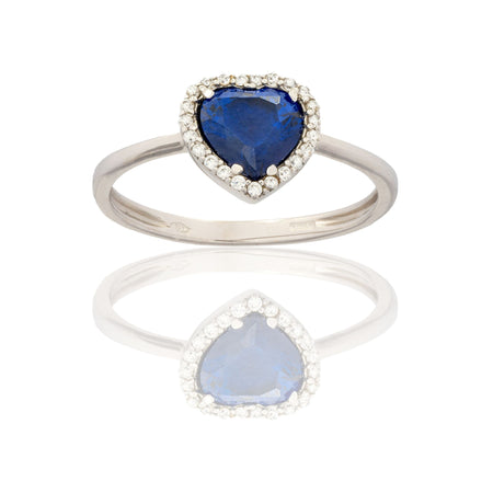 Anello Oro Bianco Oro 18 carati Cuore Con Contorno Pave' Zirconi Bianchi, Zircone Blu spessore gambo mm. 2  spessore pietre 9