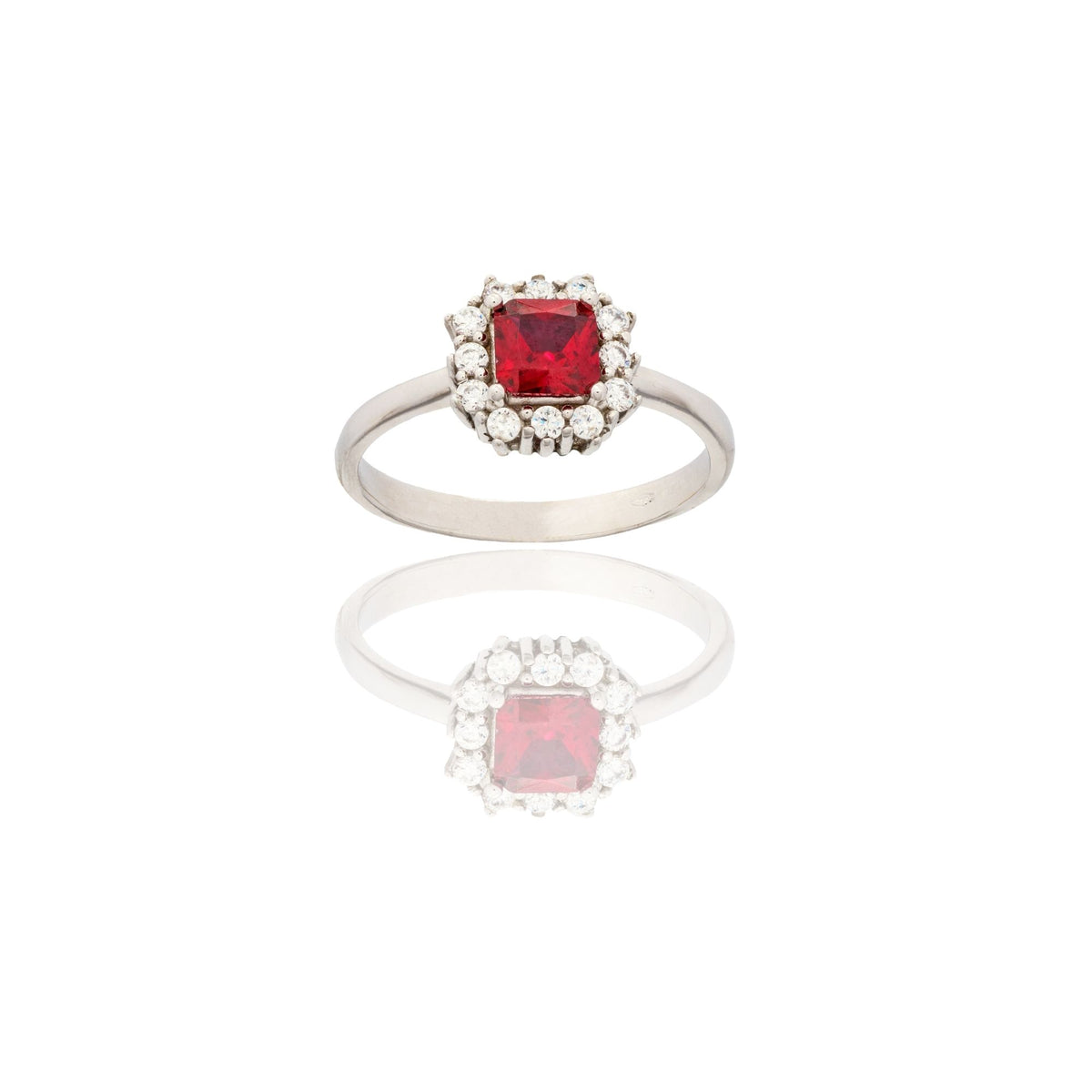 Anello Oro Bianco Oro 18 carati Quadrato Centro E Contorno Zirconi Bianchi, Zircone Rosso 