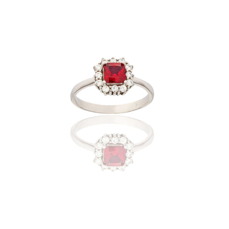 Anello Oro Bianco Oro 18 carati Quadrato Centro E Contorno Zirconi Bianchi, Zircone Rosso 