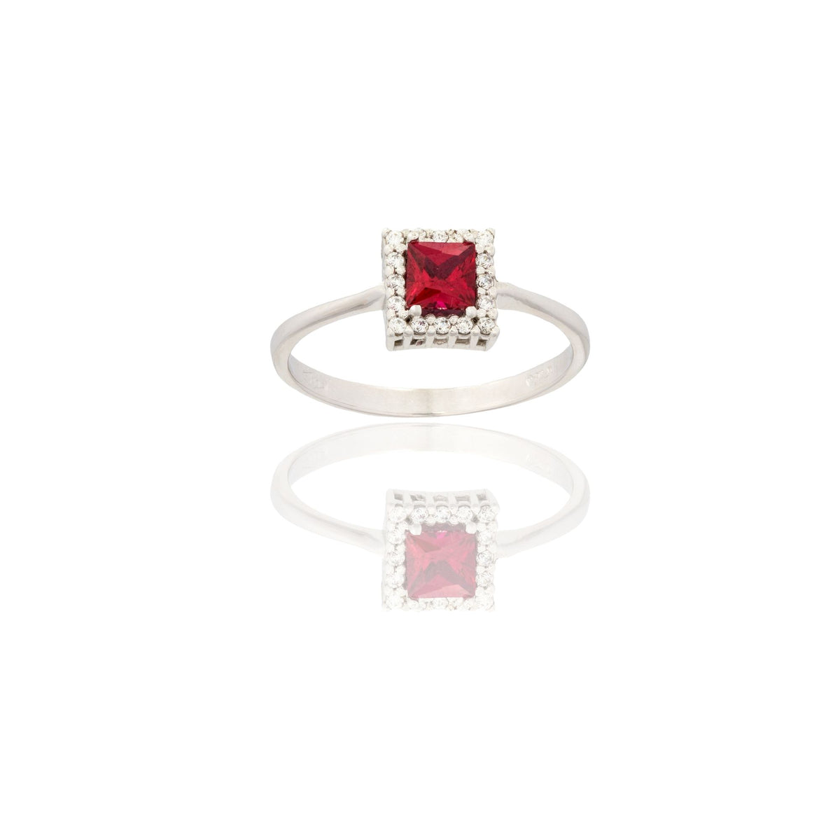 Anello Oro Bianco Oro 18 carati Quadrato Centro E Contorno Zirconi Bianchi, Zircone Rosso spessore gambo mm. 2  spessore pietre 6,8