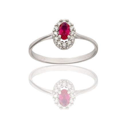 Anello Oro Bianco Oro 18 carati Modello Kate Centro E Contorno Zirconi Bianchi, Zircone Rosso pessore gambo mm. 1,9 spessore pietre 8