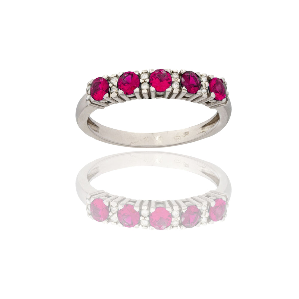 Anello Oro Bianco Oro 18 carati Veretta Zirconi Bianchi, Zirconi Rossi pessore gambo mm. 2  spessore pietre 3,3