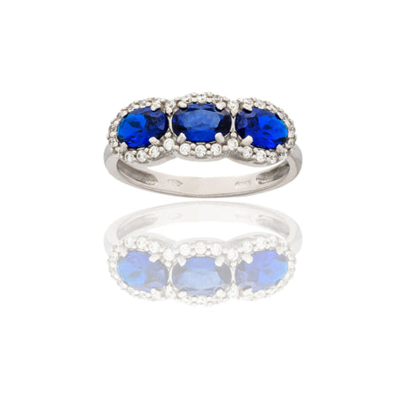 Anello Oro Bianco Oro 18 carati Trilogy Con Pave' Zirconi Bianchi, Zirconi Blu spessore gambo mm. 2,3  spessore pietre 6,8