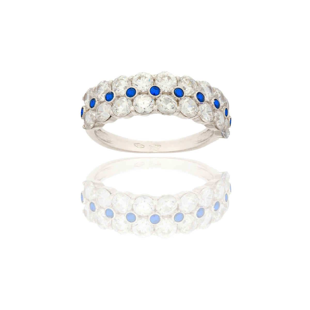 Anello Oro Bianco Oro 18 carati Veretta  Zirconi Bianchi, Zirconi Blu spessore gambo mm. 2,2  spessore pietre 6,5
