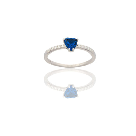 Anello Oro Bianco Oro 18 carati Solitario Cuore Con Pave' Zircone Blu, Zirconi Bianchi 