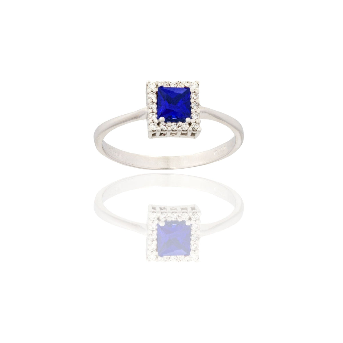 Anello Oro Bianco Oro 18 carati Quadrato Centro E Contorno Zircone Blu, Zirconi Bianchi spessore gambo mm. 2 spessore pietre 7