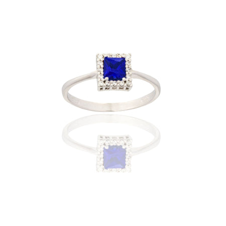 Anello Oro Bianco Oro 18 carati Quadrato Centro E Contorno Zircone Blu, Zirconi Bianchi spessore gambo mm. 2 spessore pietre 7