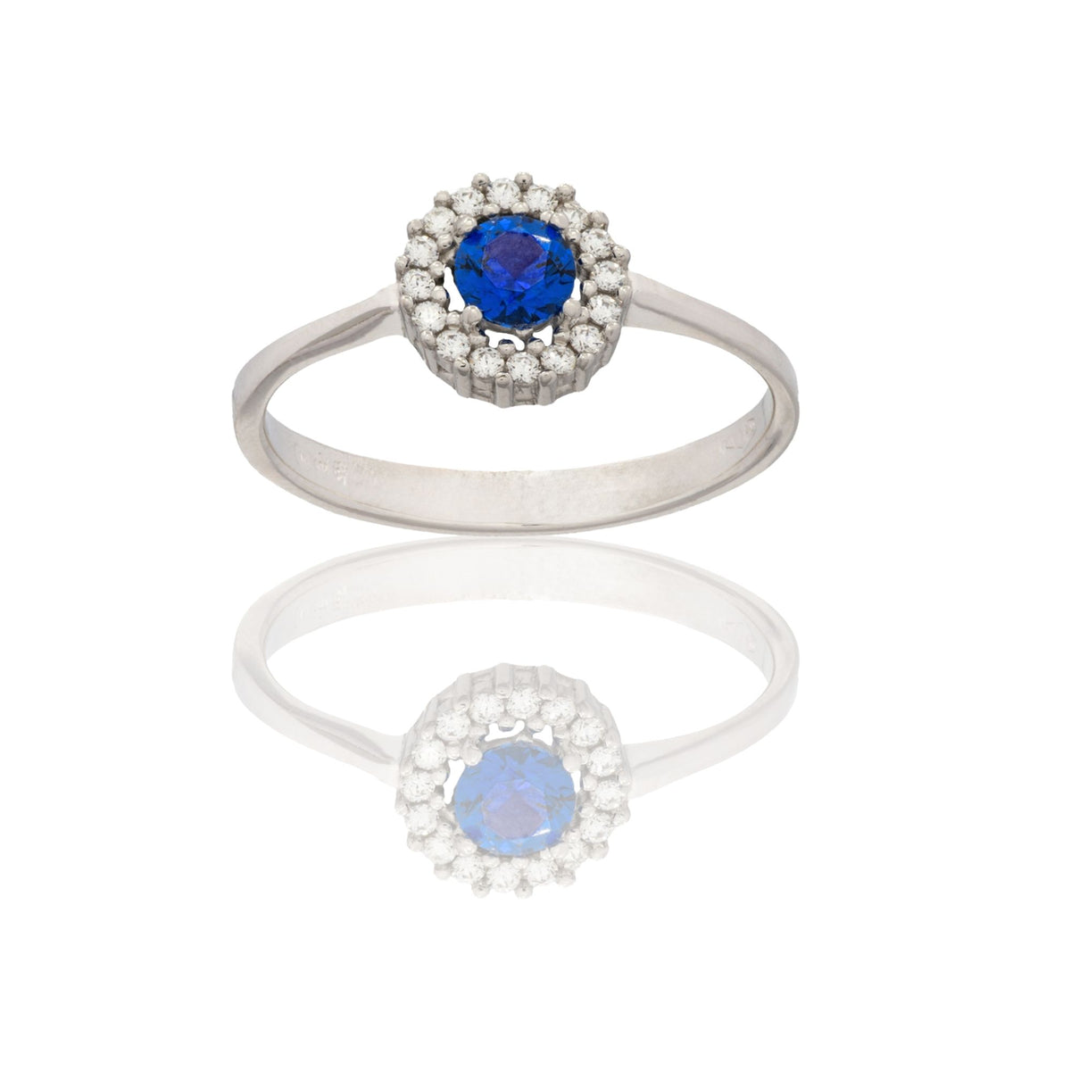 Anello Oro Bianco Oro 18 carati Tondo Centro E Contorno Zircone Blu, Zirconi Bianchi spessore gambo mm. 2,3 spessore pietre 7,6