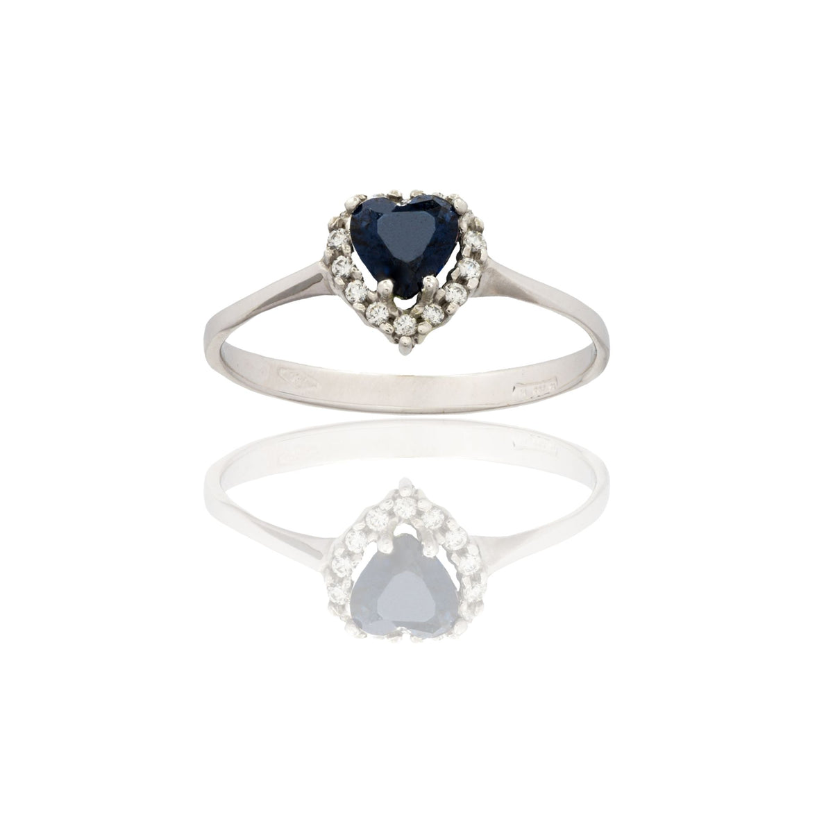 Anello Oro Bianco Oro 18 carati Cuore Centro E Contorno Zircone Blu, Zirconi Bianchi spessore gambo mm. 2  spessore pietre 8