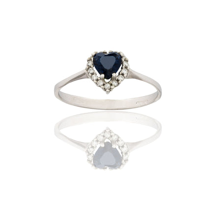 Anello Oro Bianco Oro 18 carati Cuore Centro E Contorno Zircone Blu, Zirconi Bianchi spessore gambo mm. 2  spessore pietre 8