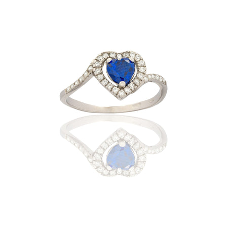 Anello Oro Bianco Oro 18 carati Cuore Con Contorno Pave' Zircone Blu, Zirconi Bianchi spessore gambo mm. 1,6  spessore pietre 9,2