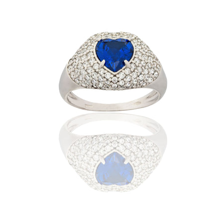 Anello Oro Bianco Oro 18 carati Cuore Con Contorno Pave' Zircone Blu, Zirconi Bianchi spessore gambo mm. 1,7  spessore pietre 11,8