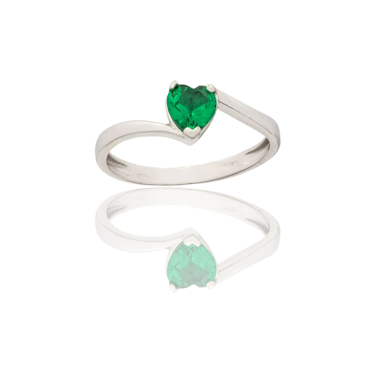 Anello Oro Bianco Oro 18 carati Solitario Cuore Gambo A Onda Zircone Verde spessore gambo mm. 2  spessore pietra 5,6