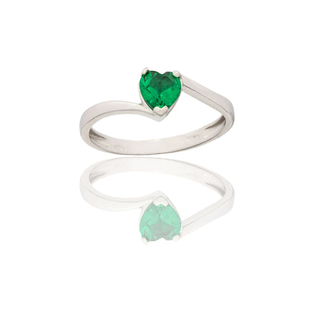 Anello Oro Bianco Oro 18 carati Solitario Cuore Gambo A Onda Zircone Verde spessore gambo mm. 2  spessore pietra 5,6
