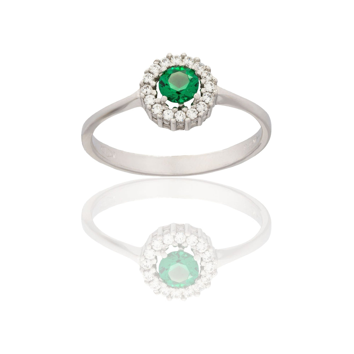 Anello Oro Bianco Oro 18 carati Tondo Centro E Contorno Zirconi Bianchi, Zircone Verde spessore gambo mm. 2,2  spessore pietre 7,7
